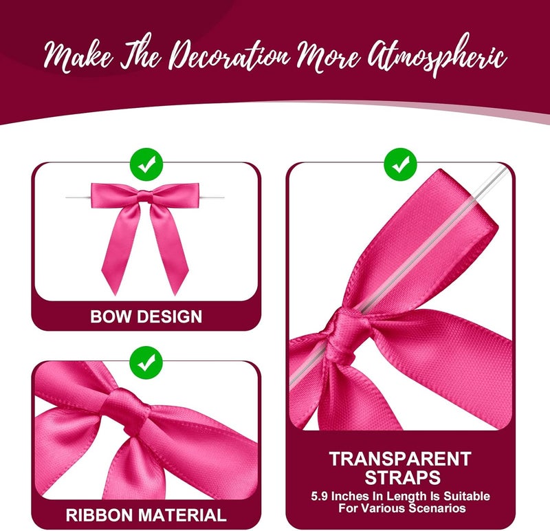 Sokfone Satin Ribbon Plum Red Bow Decor 2.5" Premade Plum Red Twist Tie Bows for Gift Wrapping Bow for Treat Bags Party Favors Wedding Decorations - 50 Counts - Image 4
